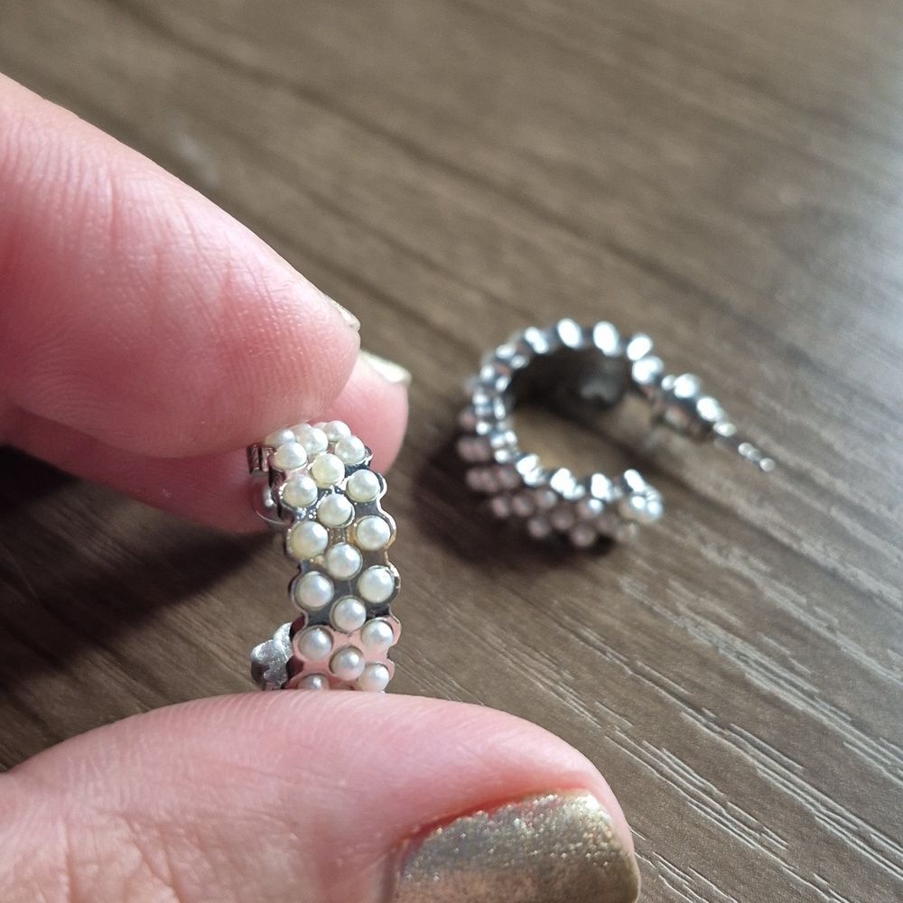 ♡♡♡Silver Alloy Pearl Bead Hoop Earrings